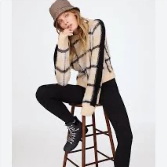 Anthropologie Moth Sweater Tan Black Window Pane Plaid Crewneck Sz S - Picture 2 of 13